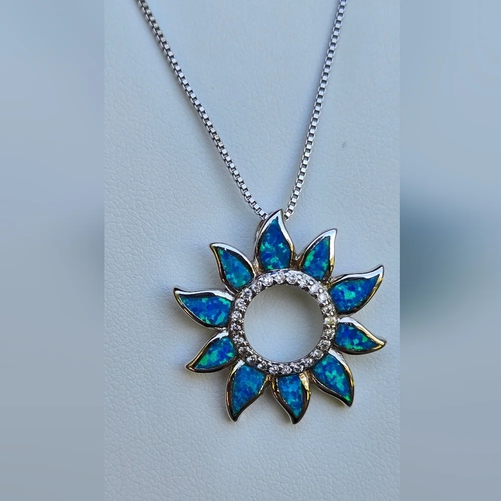 Sterling Silver 925 Necklace Silver 925 Blue Sunflower Opal Pendant Necklace - Picture 17 of 17